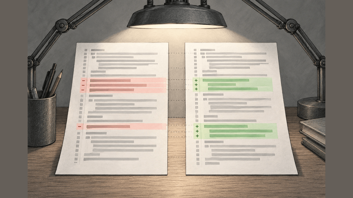 Git diff compares two repository states and reveals added, removed, or changed lines.